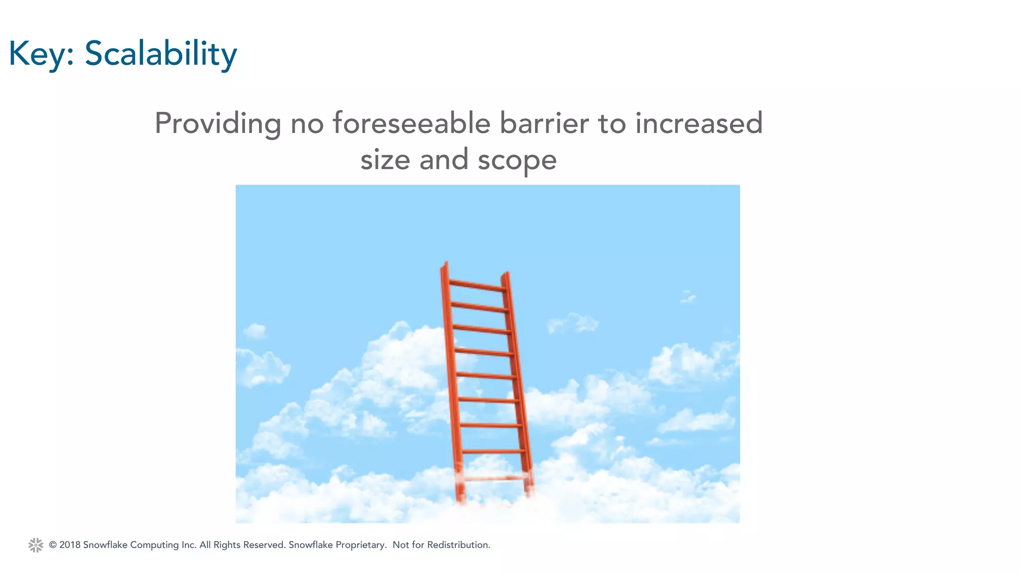 © 2018 Snowflake Computing Inc. All Rights Reserved. Snowflake Proprietary. Not for Redistribution.
Key: Scalability
Providing no foreseeable barrier to increased
size and scope
 