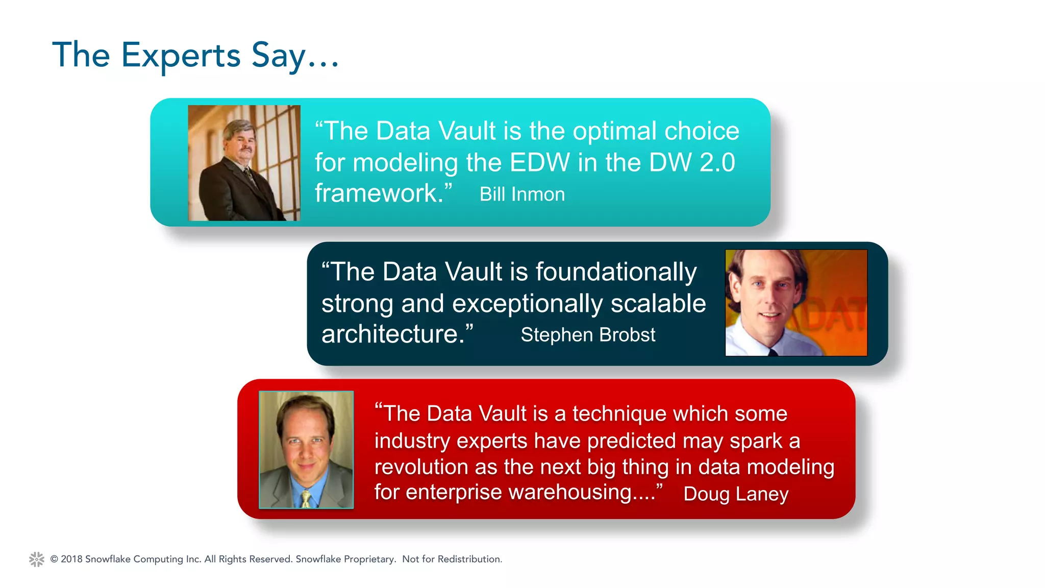© 2018 Snowflake Computing Inc. All Rights Reserved. Snowflake Proprietary. Not for Redistribution.
The Experts Say…
“The Data Vault is the optimal choice
for modeling the EDW in the DW 2.0
framework.” Bill Inmon
“The Data Vault is foundationally
strong and exceptionally scalable
architecture.” Stephen Brobst
“The Data Vault is a technique which some
industry experts have predicted may spark a
revolution as the next big thing in data modeling
for enterprise warehousing....” Doug Laney
 