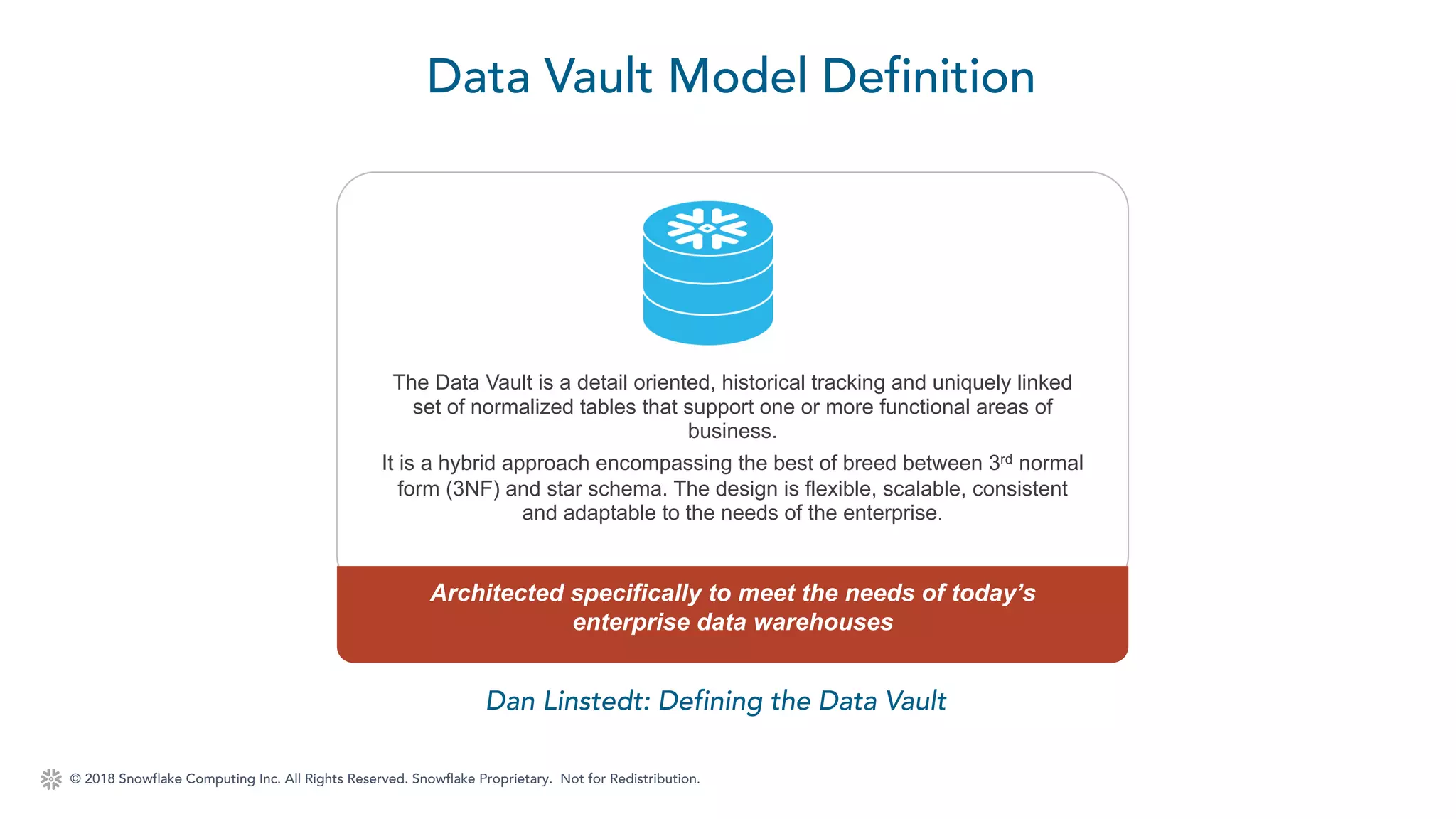 © 2018 Snowflake Computing Inc. All Rights Reserved. Snowflake Proprietary. Not for Redistribution.
Data Vault Model Definition
The Data Vault is a detail oriented, historical tracking and uniquely linked
set of normalized tables that support one or more functional areas of
business.
It is a hybrid approach encompassing the best of breed between 3rd normal
form (3NF) and star schema. The design is flexible, scalable, consistent
and adaptable to the needs of the enterprise.
Architected specifically to meet the needs of today’s
enterprise data warehouses
Dan Linstedt: Defining the Data Vault
 