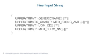 © 2018 Snowflake Computing Inc. All Rights Reserved. Snowflake Proprietary. Not for Redistribution.
Final Input String
(
UPPER(TRIM(T1.GENERICNAME)) ||'^'||
UPPER(TRIM(TO_CHAR(T1.MED_STRNG_AMT))) ||'^'||
UPPER(TRIM(T1.UOM_CD)) ||'^'||
UPPER(TRIM(T1.MED_FORM_NM)) ||'^'
)
 