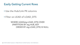 © 2018 Snowflake Computing Inc. All Rights Reserved. Snowflake Proprietary. Not for Redistribution.
• Use the Hub/Link PK columns
• Filter on LEAD of LOAD_DTS
WHERE LEAD(stg.LOAD_DTS) OVER
(PARTITION BY stg.HUB_KEY
ORDER BY stg.LOAD_DTS) IS NULL
Easily Getting Current Rows
 