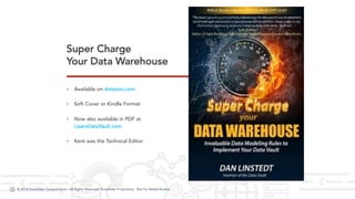 © 2018 Snowflake Computing Inc. All Rights Reserved. Snowflake Proprietary. Not for Redistribution.© 2018 Snowflake Computing Inc. All Rights Reserved. Snowflake Proprietary. Not for Redistribution.
› Available on Amazon.com
› Soft Cover or Kindle Format
› Now also available in PDF at
LearnDataVault.com
› Kent was the Technical Editor
Super Charge
Your Data Warehouse
 