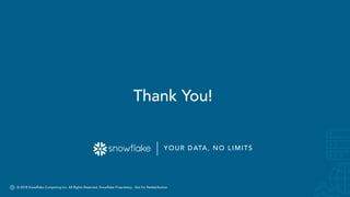 © 2018 Snowflake Computing Inc. All Rights Reserved. Snowflake Proprietary. Not for Redistribution.
YOUR DATA, NO LIMITS
© 2018 Snowflake Computing Inc. All Rights Reserved. Snowflake Proprietary. Not for Redistribution.
Thank You!
 