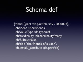 Schema def
{:db/id {:part :db.part/db, :idx -1000003},	

:db/ident :user/friends,	

:db/valueType :db.type/ref,	

:db/cardinality :db.cardinality/many,	

:db/fulltext false,	

:db/doc "the friends of a user",	

:db.install/_attribute :db.part/db}
 