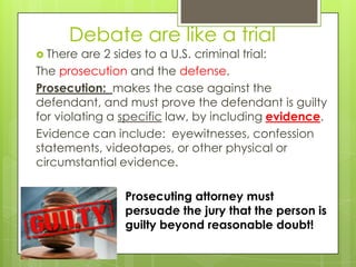 Debate are like a trial
 There  are 2 sides to a U.S. criminal trial:
The prosecution and the defense.
Prosecution: makes the case against the
defendant, and must prove the defendant is guilty
for violating a specific law, by including evidence.
Evidence can include: eyewitnesses, confession
statements, videotapes, or other physical or
circumstantial evidence.

               Prosecuting attorney must
               persuade the jury that the person is
               guilty beyond reasonable doubt!
 
