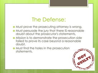The Defense:
   Must prove the prosecuting attorney is wrong,
   Must persuade the jury that there IS reasonable
    doubt about the prosecutor's statements.
   Mission is to demonstrate the prosecution side
    failed to prove its case beyond a reasonable
    doubt.
   Must find the holes in the prosecution
    statements.
 