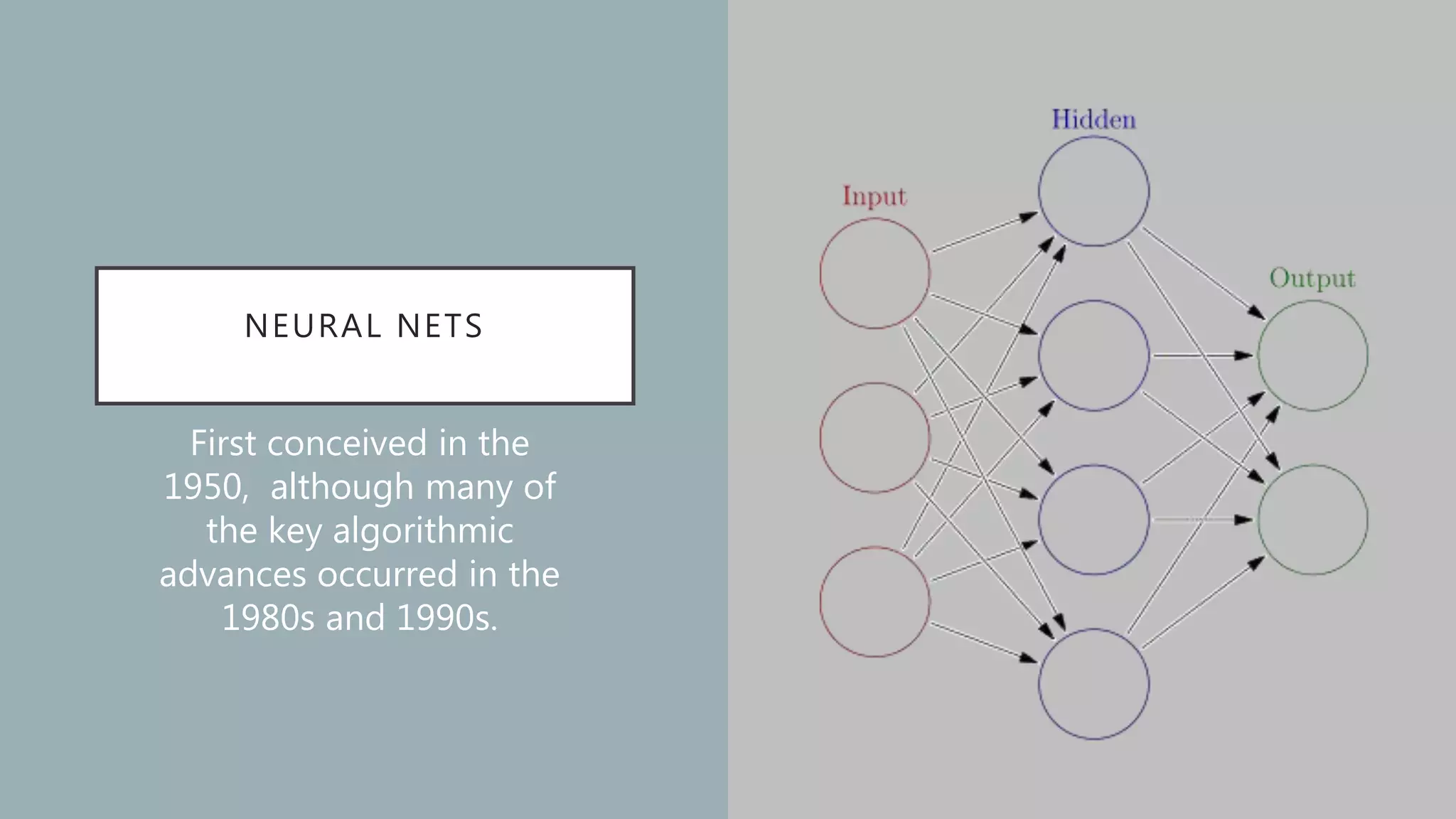 NEURAL NETS
First conceived in the
1950, although many of
the key algorithmic
advances occurred in the
1980s and 1990s.
 