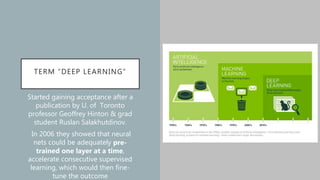 TERM “DEEP LEARNING”
Started gaining acceptance after a
publication by U. of Toronto
professor Geoffrey Hinton & grad
student Ruslan Salakhutdinov.
In 2006 they showed that neural
nets could be adequately pre-
trained one layer at a time,
accelerate consecutive supervised
learning, which would then fine-
tune the outcome
 