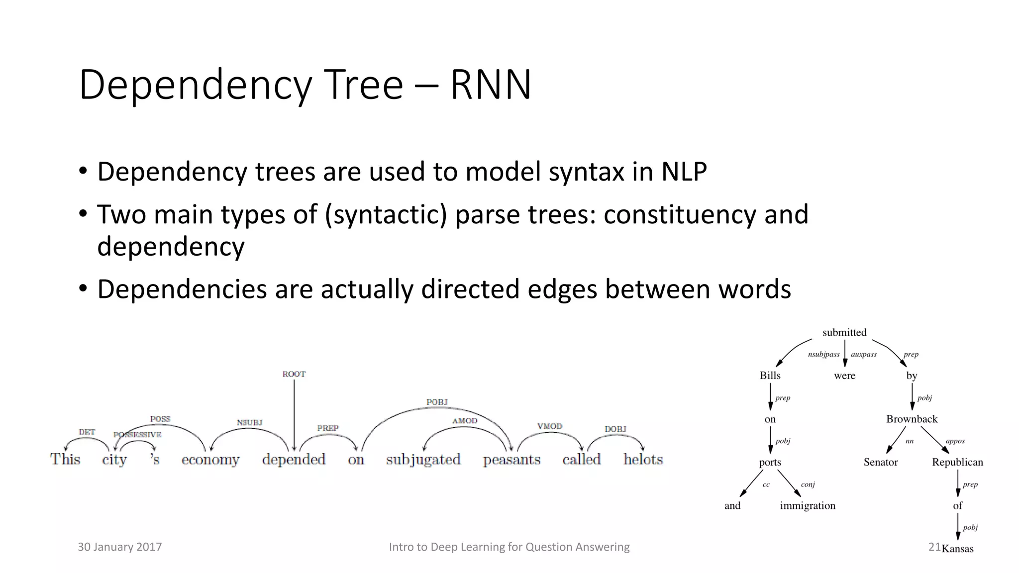 Dependency Tree – RNN
• Dependency trees are used to model syntax in NLP
• Two main types of (syntactic) parse trees: constituency and
dependency
• Dependencies are actually directed edges between words
Intro to Deep Learning for Question Answering 2130 January 2017
 