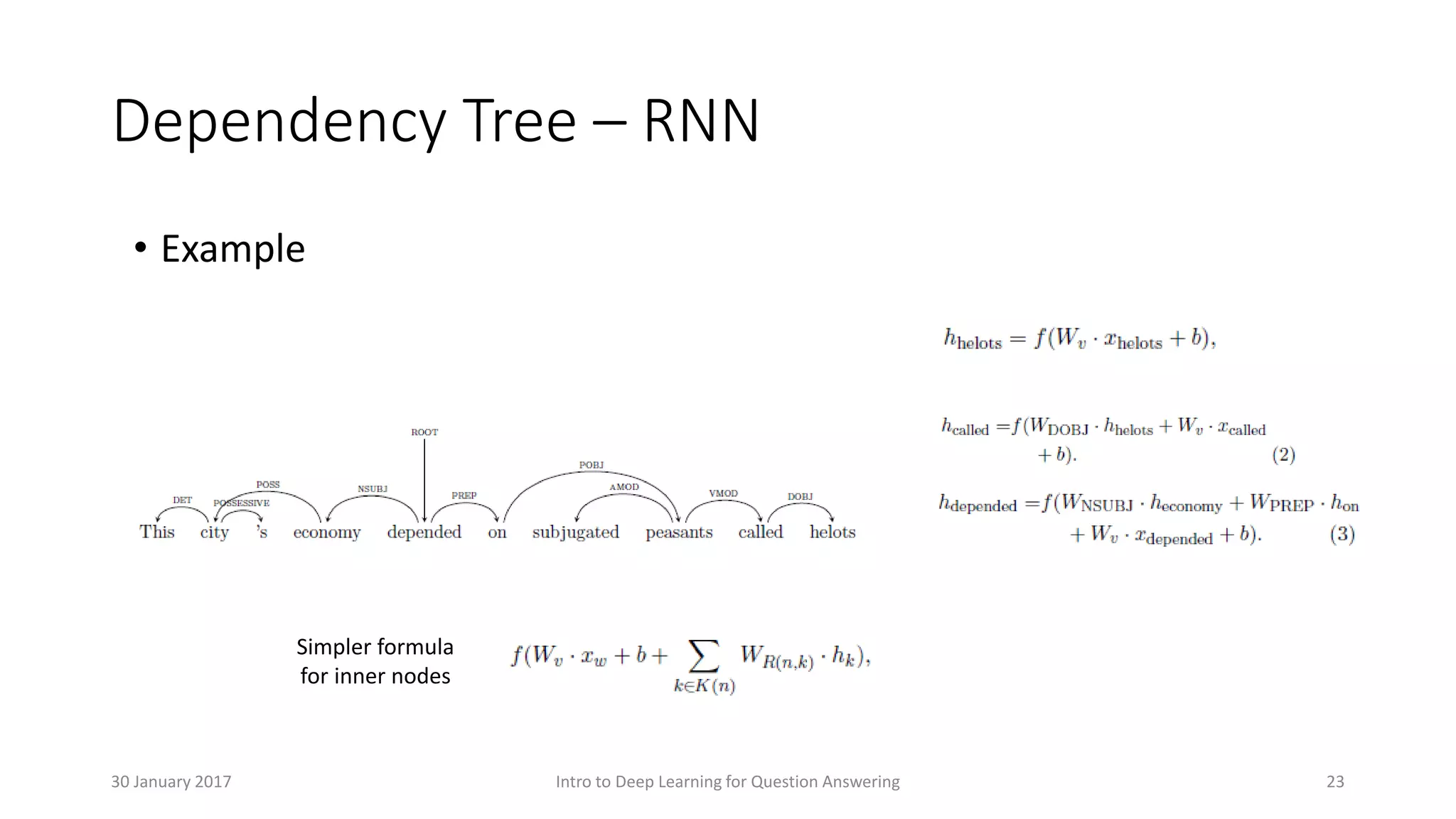 Dependency Tree – RNN
• Example
Simpler formula
for inner nodes
Intro to Deep Learning for Question Answering 2330 January 2017
 