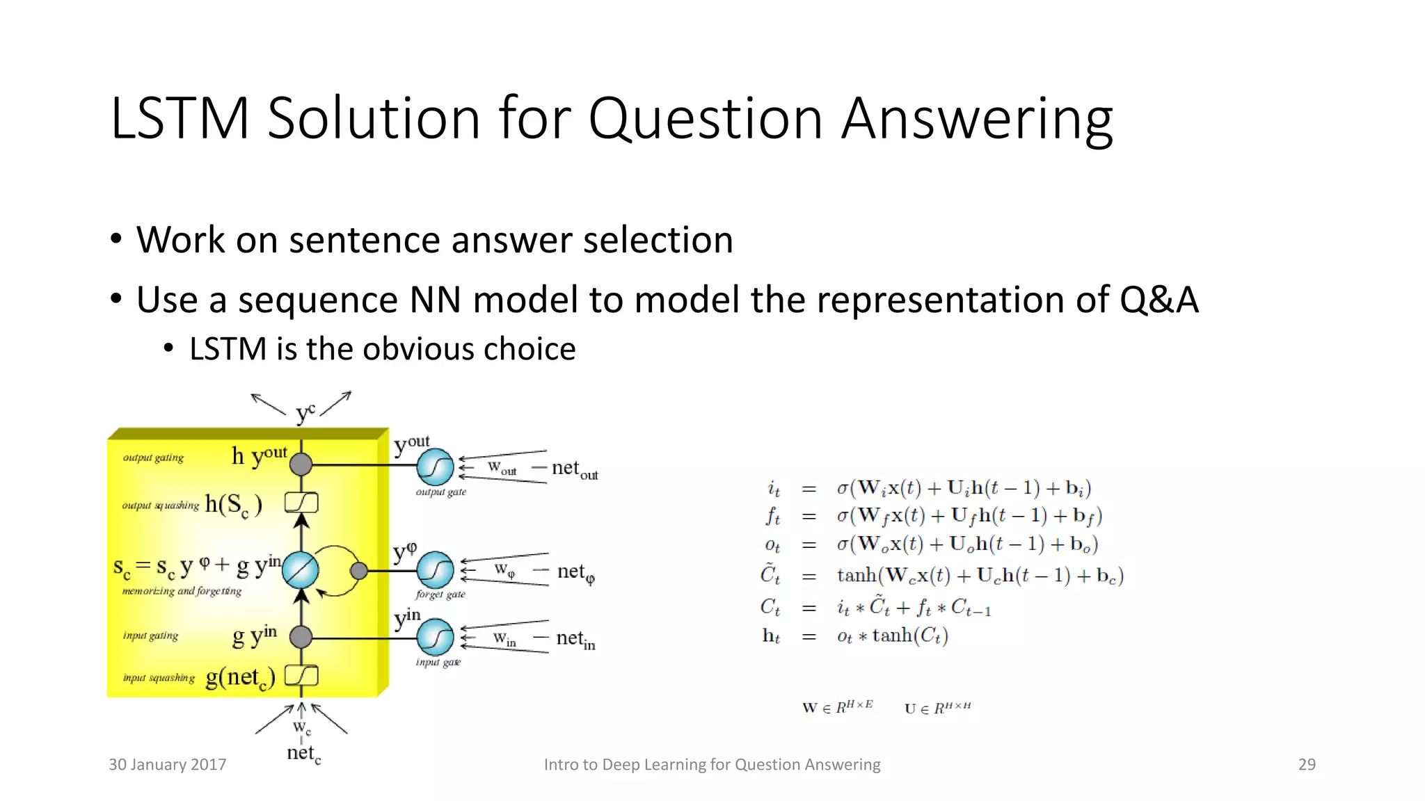 LSTM Solution for Question Answering
• Work on sentence answer selection
• Use a sequence NN model to model the representation of Q&A
• LSTM is the obvious choice
Intro to Deep Learning for Question Answering 2930 January 2017
 