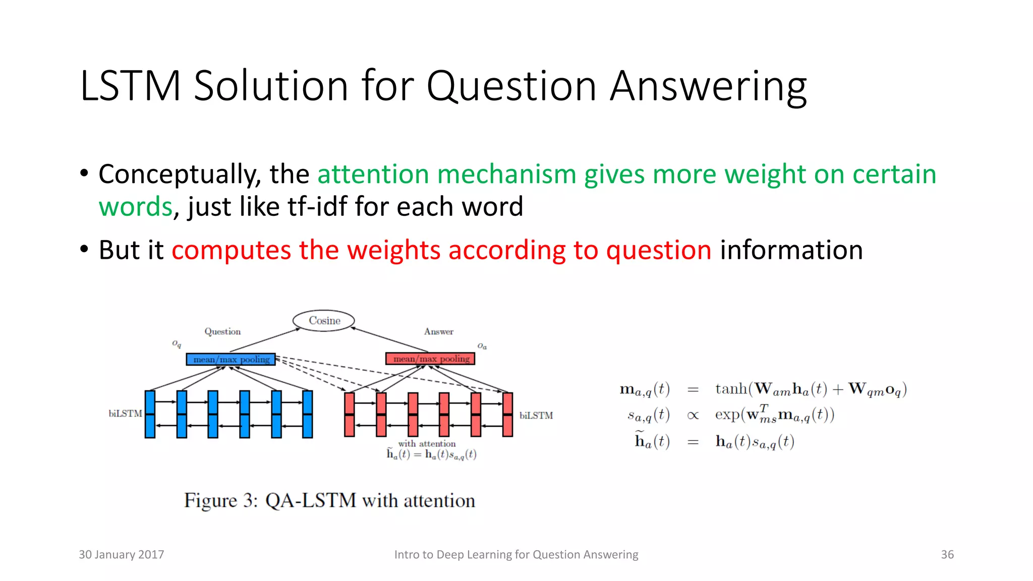 LSTM Solution for Question Answering
• Conceptually, the attention mechanism gives more weight on certain
words, just like tf-idf for each word
• But it computes the weights according to question information
Intro to Deep Learning for Question Answering 3630 January 2017
 