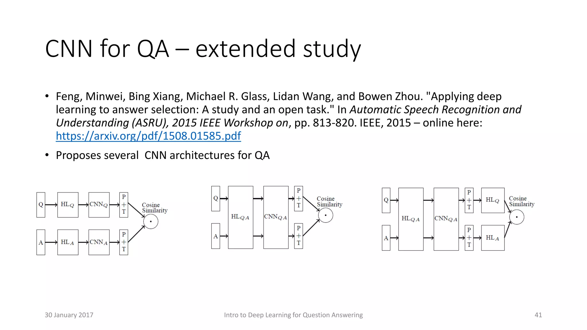 CNN for QA – extended study
• Feng, Minwei, Bing Xiang, Michael R. Glass, Lidan Wang, and Bowen Zhou. "Applying deep
learning to answer selection: A study and an open task." In Automatic Speech Recognition and
Understanding (ASRU), 2015 IEEE Workshop on, pp. 813-820. IEEE, 2015 – online here:
https://arxiv.org/pdf/1508.01585.pdf
• Proposes several CNN architectures for QA
Intro to Deep Learning for Question Answering 4130 January 2017
 