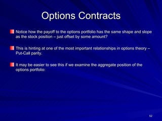 Options Contracts Notice how the payoff to the options portfolio has the same shape and slope as the stock position – just offset by some amount? This is hinting at one of the most important relationships in options theory – Put-Call parity. It may be easier to see this if we examine the aggregate position of the options portfolio: 
