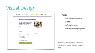 Visual Design
Tools:
• Illustrator/Photoshop
• Sketch
• Aﬃnity Designer
• Other graphics programs
* Sometimes UX develops these, sometimes a
UI Designer, Art Director, or Graphic Designer
might.
 