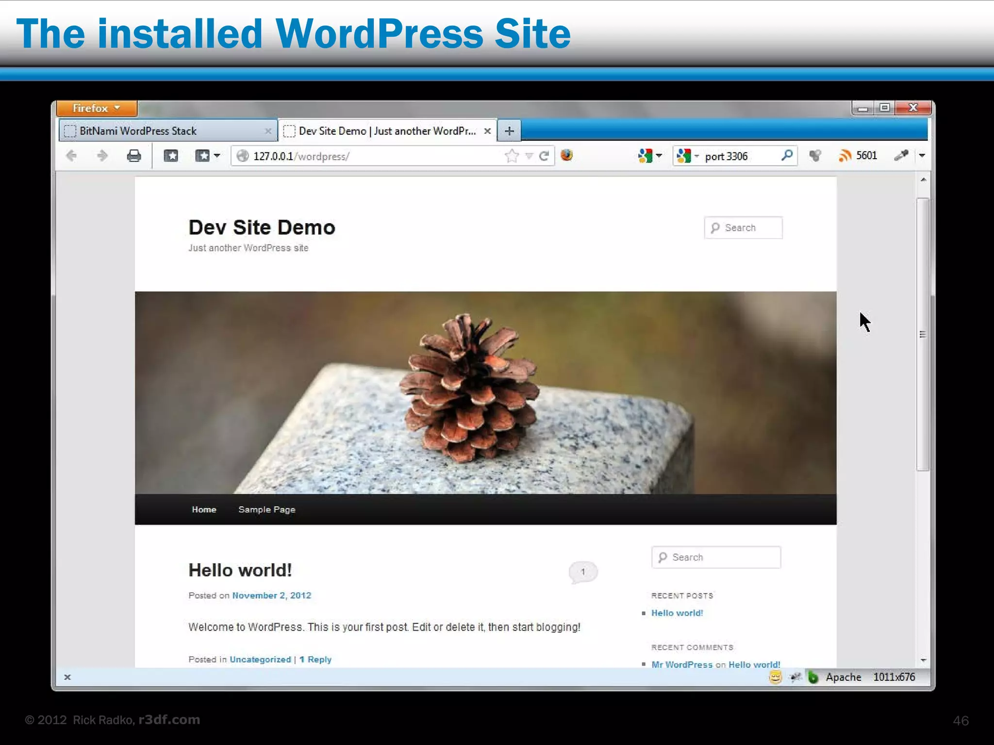 The installed WordPress Site




© 2012 Rick Radko, r3df.com    46
 