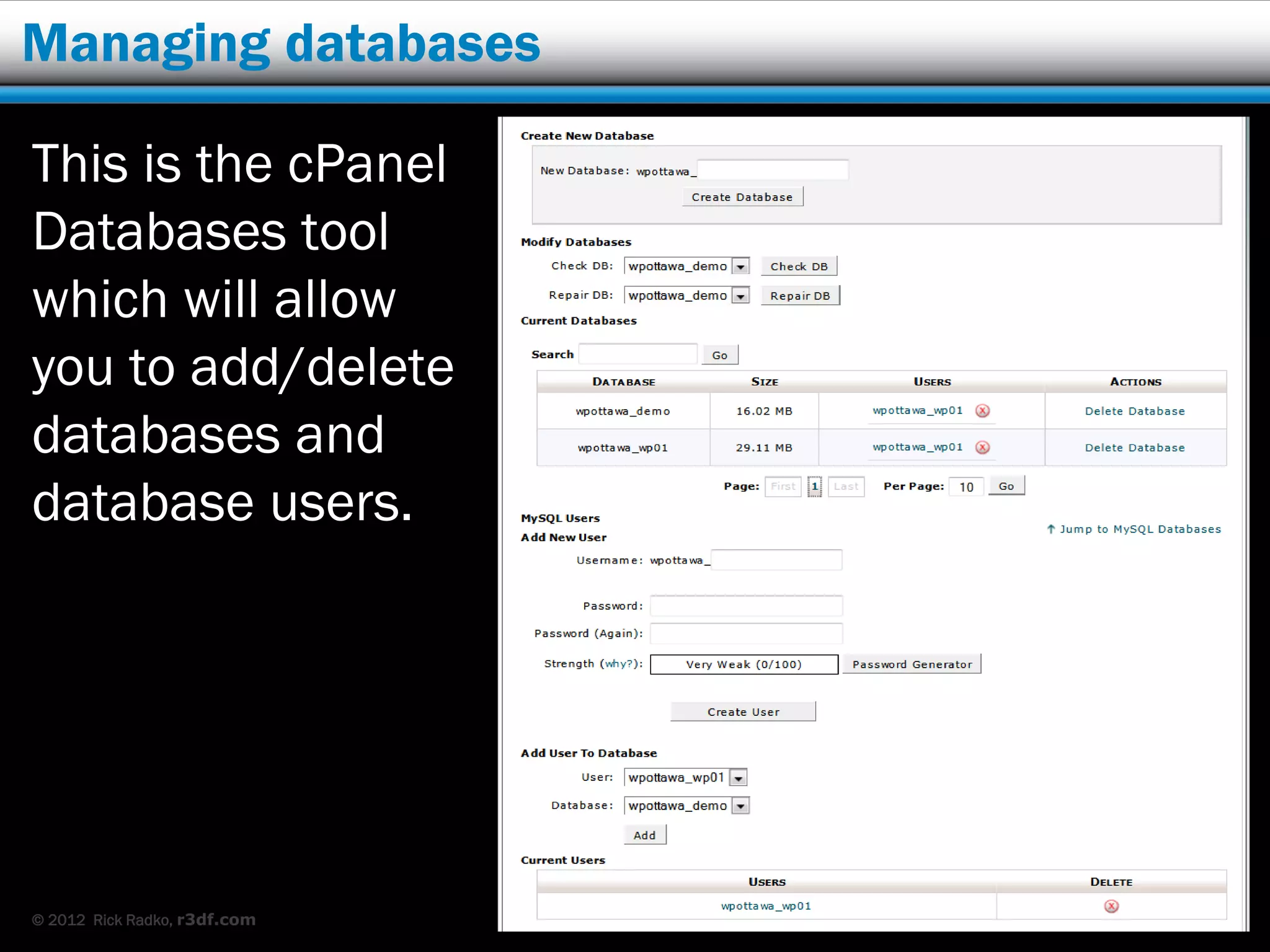 Managing databases

This is the cPanel
Databases tool
which will allow
you to add/delete
databases and
database users.




© 2012 Rick Radko, r3df.com   52
 