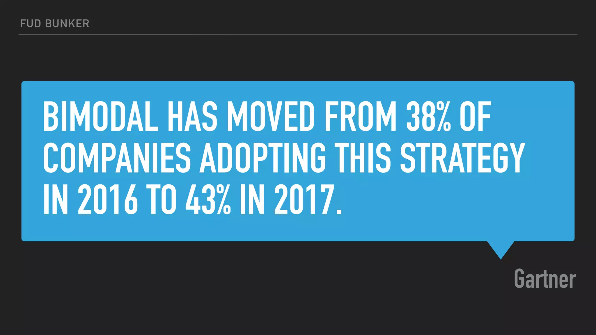 BIMODAL HAS MOVED FROM 38% OF
COMPANIES ADOPTING THIS STRATEGY
IN 2016 TO 43% IN 2017.
Gartner
FUD BUNKER
 