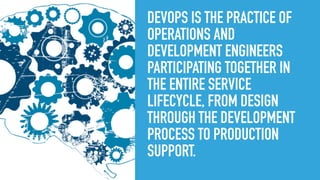 DEVOPS IS THE PRACTICE OF
OPERATIONS AND
DEVELOPMENT ENGINEERS
PARTICIPATING TOGETHER IN
THE ENTIRE SERVICE
LIFECYCLE, FROM DESIGN
THROUGH THE DEVELOPMENT
PROCESS TO PRODUCTION
SUPPORT.
 