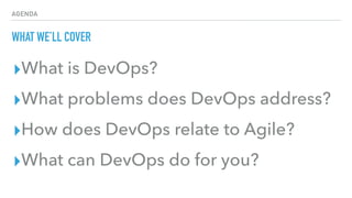 AGENDA
WHAT WE’LL COVER
▸What is DevOps?
▸What problems does DevOps address?
▸How does DevOps relate to Agile?
▸What can DevOps do for you?
 