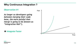 Why Continuous Integration ?
105
Pain
Time
Observation #1
As longer as developers going
between merging their code
base, the more painful that
merge is going to be (known as
“Integration Hell”).
 Integrate Faster
 
