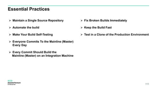 Essential Practices
111
 Maintain a Single Source Repository
 Automate the build
 Make Your Build Self-Testing
 Everyone Commits To the Mainline (Master)
Every Day
 Every Commit Should Build the
Mainline (Master) on an Integration Machine
 Fix Broken Builds Immediately
 Keep the Build Fast
 Test in a Clone of the Production Environment
 