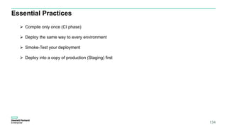 Essential Practices
134
 Compile only once (CI phase)
 Deploy the same way to every environment
 Smoke-Test your deployment
 Deploy into a copy of production (Staging) first
 