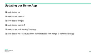 166
Updating our Demo App
 sudo docker ps
 sudo docker ps rm –f
 sudo docker images
 sudo docker ps rmi –f
 sudo docker pull liranlevy3/todoapp
 sudo docker run -it -p 8080:8080 --name todoapp --link mongo -d liranlevy3/todoapp
 