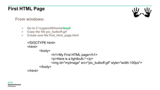 First HTML Page
From windows:
 Go to C:cygwin64homelevyli
 Copy the file pic_bulboff.gif
 Create new file first_html_page.html
<!DOCTYPE html>
<html>
<body>
<h1>My First HTML page</h1>
<p>Here is a lightbulb ! </p>
<img id="myImage" src="pic_bulboff.gif" style="width:100px">
</body>
</html>
 