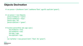 Objects Declreation
 var person = {firstName:"John", lastName:"Doe", age:50, eyeColor:“green"};
 var person = new Object();
person.firstName = "John";
person.lastName = "Doe";
person.age = 50;
person.eyeColor = “green";
 function person(first, last, age, eye) {
this.firstName = first;
this.lastName = last;
this.age = age;
this.eyeColor = eye;
}
var myFather = new person("John", "Doe", 50, “green");
 