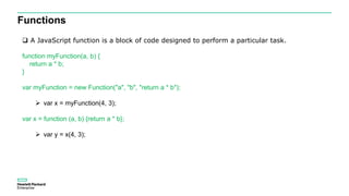 Functions
 A JavaScript function is a block of code designed to perform a particular task.
function myFunction(a, b) {
return a * b;
}
var myFunction = new Function("a", "b", "return a * b");
 var x = myFunction(4, 3);
var x = function (a, b) {return a * b};
 var y = x(4, 3);
 