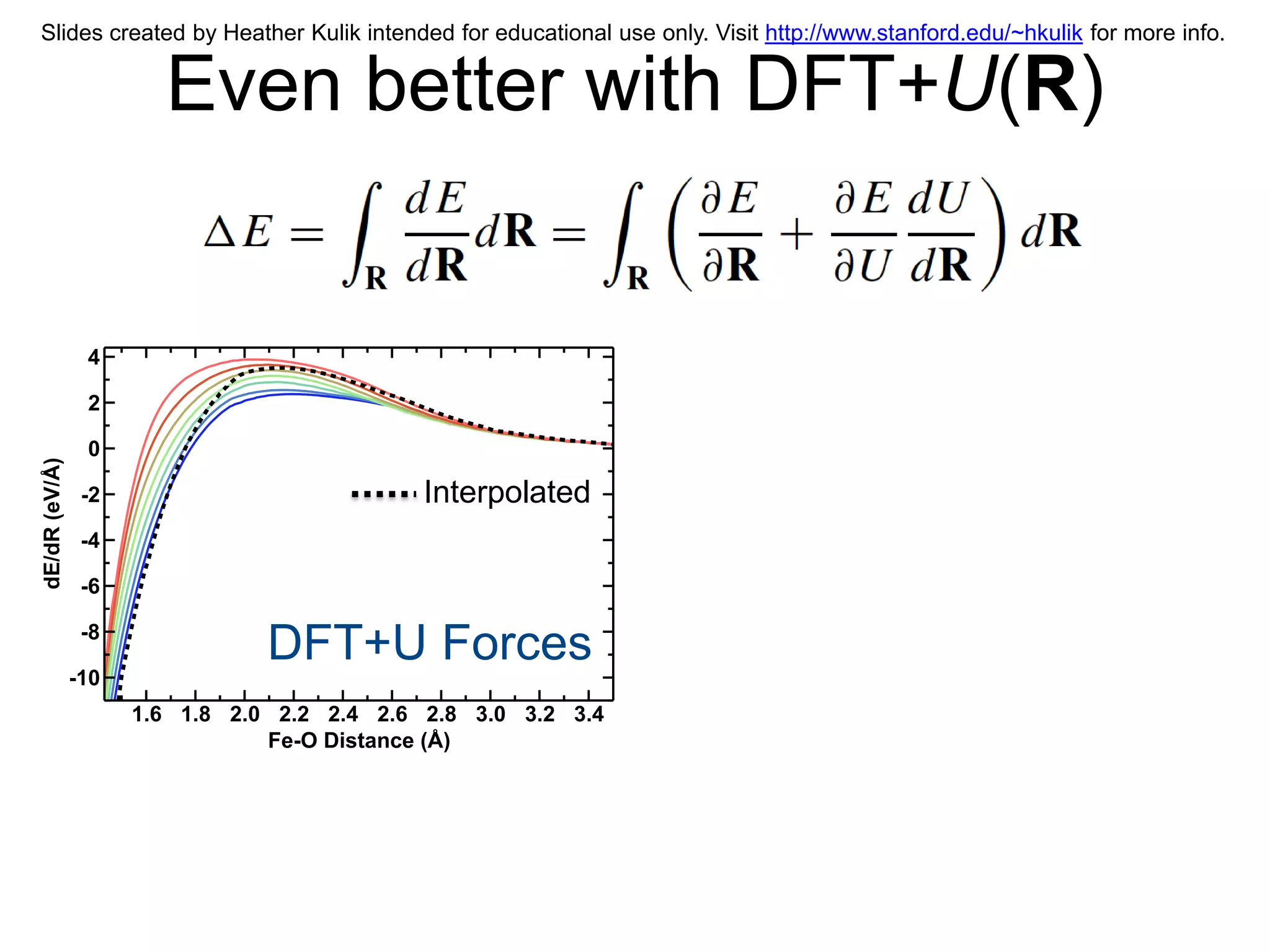 Slides created by Heather Kulik intended for educational use only. Visit http://www.stanford.edu/~hkulik for more info.


                       Even better with DFT+U(R)


                4

                2

                0
dE/dR (eV/Å)




                -2                           Interpolated
                -4

                -6

                -8
                                DFT+U Forces
               -10
                     1.6 1.8 2.0 2.2 2.4 2.6 2.8 3.0 3.2 3.4
                                Fe-O Distance (Å)
 