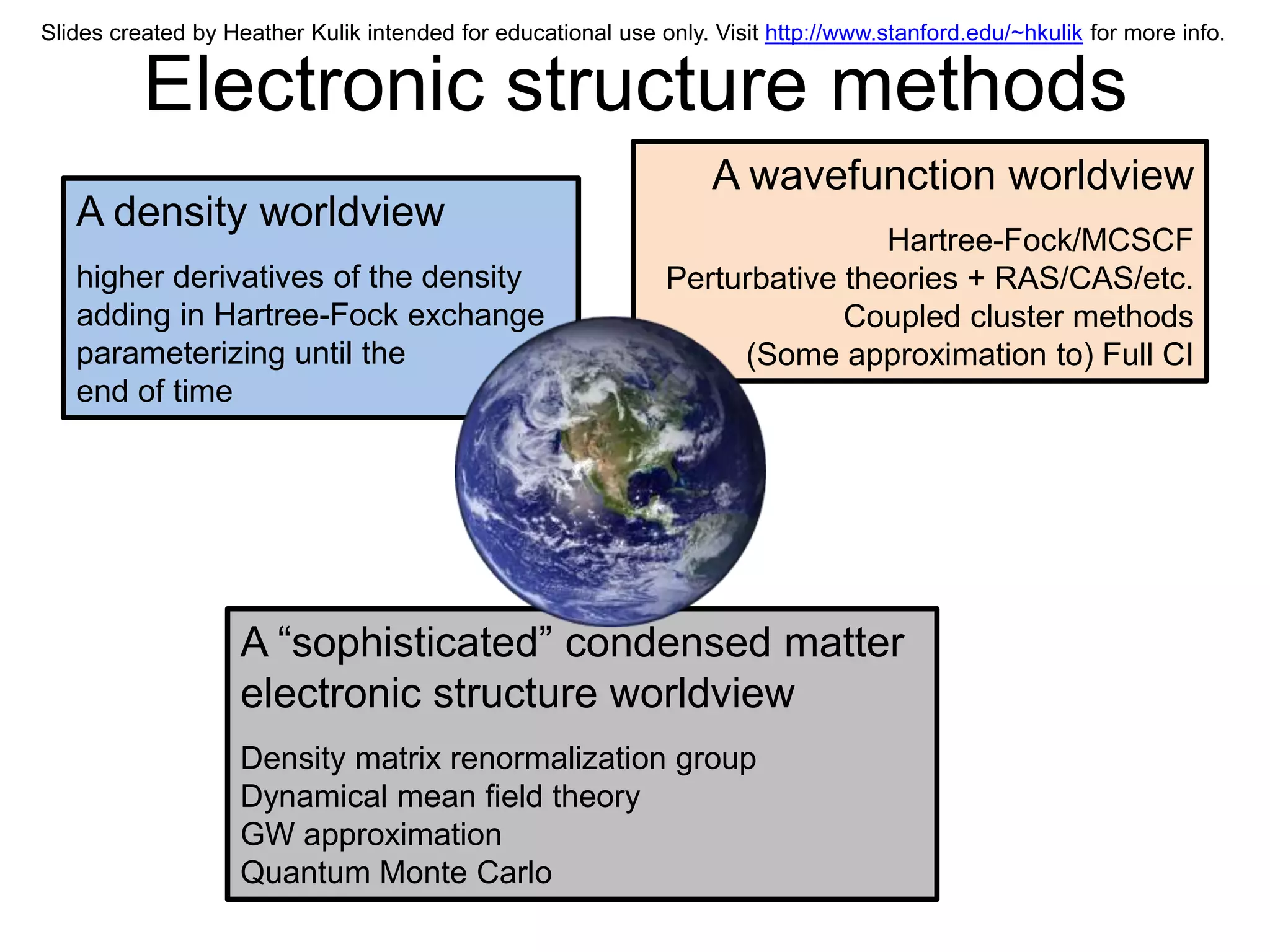 Slides created by Heather Kulik intended for educational use only. Visit http://www.stanford.edu/~hkulik for more info.


          Electronic structure methods
                                                                   A wavefunction worldview
   A density worldview
                                                                              Hartree-Fock/MCSCF
   higher derivatives of the density                          Perturbative theories + RAS/CAS/etc.
   adding in Hartree-Fock exchange                                         Coupled cluster methods
   parameterizing until the                                        (Some approximation to) Full CI
   end of time




                    A “sophisticated” condensed matter
                    electronic structure worldview
                    Density matrix renormalization group
                    Dynamical mean field theory
                    GW approximation
                    Quantum Monte Carlo
 