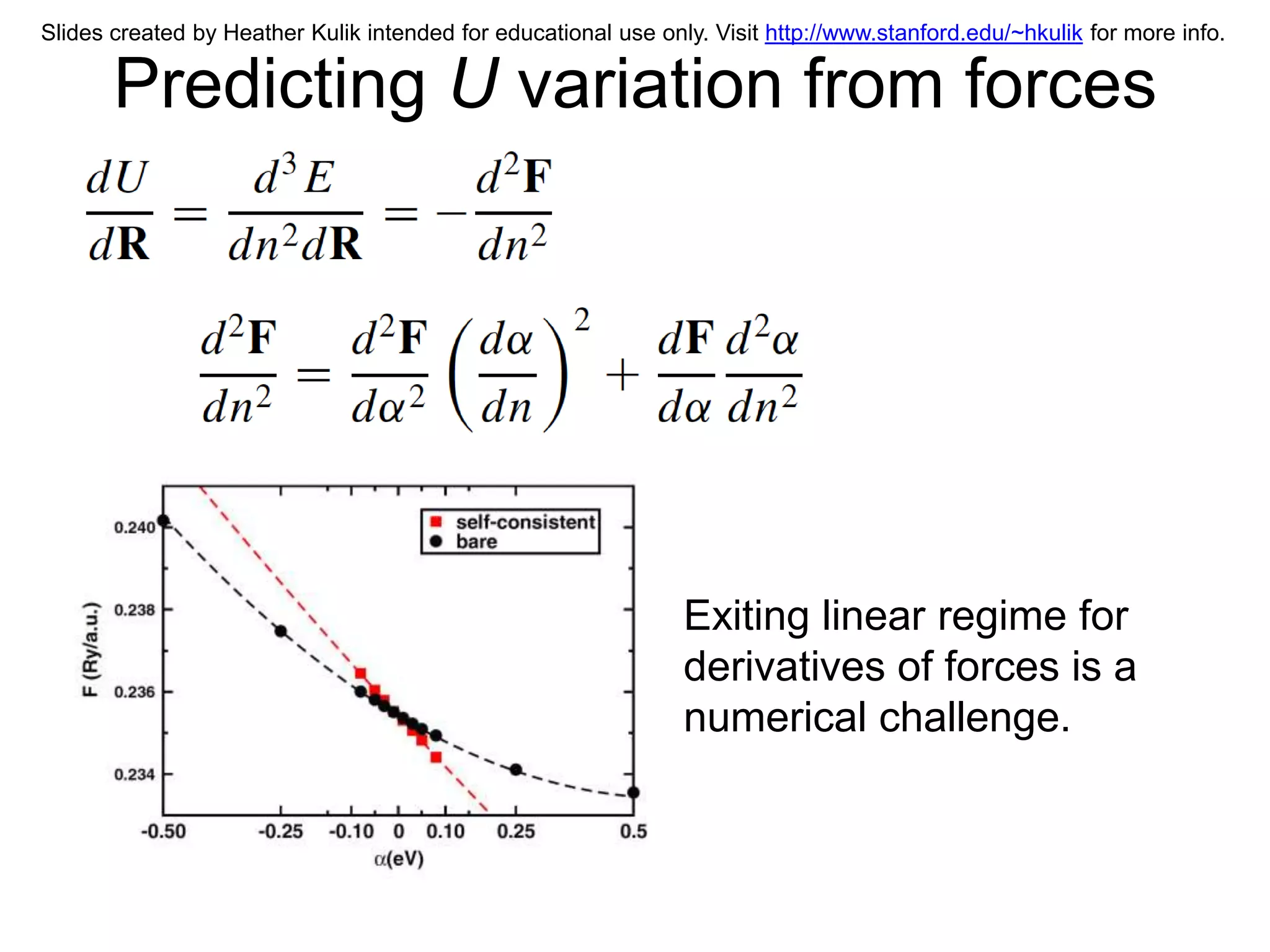 Slides created by Heather Kulik intended for educational use only. Visit http://www.stanford.edu/~hkulik for more info.

       Predicting U variation from forces




                                                                Exiting linear regime for
                                                                derivatives of forces is a
                                                                numerical challenge.
 