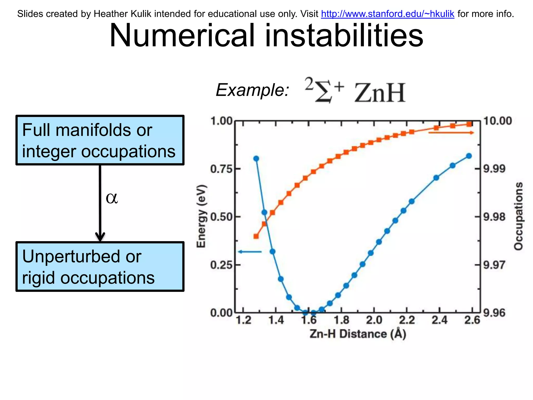 Slides created by Heather Kulik intended for educational use only. Visit http://www.stanford.edu/~hkulik for more info.


                     Numerical instabilities
                                               Example:

 Full manifolds or
 integer occupations




 Unperturbed or
 rigid occupations
 