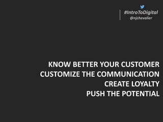 #IntroToDigital
@njchevalier
#IntroToDigital
@njchevalier
KNOW BETTER YOUR CUSTOMER
CUSTOMIZE THE COMMUNICATION
CREATE LOYALTY
PUSH THE POTENTIAL
 