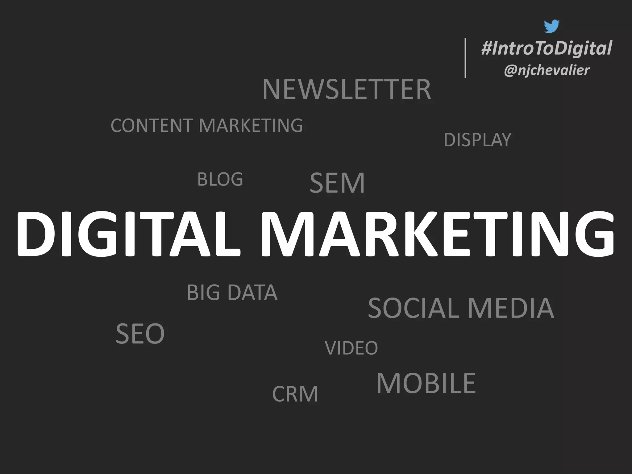#IntroToDigital
@njchevalier
#IntroToDigital
@njchevalier
DIGITAL MARKETING
BLOG
SOCIAL MEDIA
SEO
SEM
BIG DATA
DISPLAY
CONTENT MARKETING
VIDEO
MOBILECRM
NEWSLETTER
 
