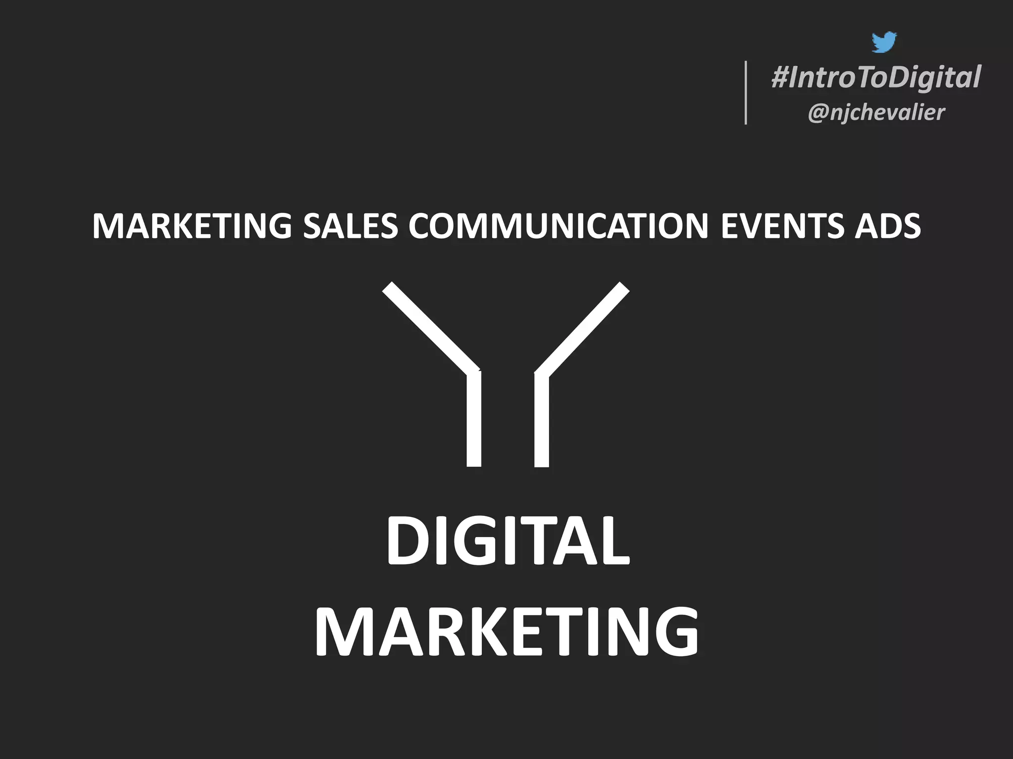 #IntroToDigital
@njchevalier
#IntroToDigital
@njchevalier
MARKETING SALES COMMUNICATION EVENTS ADS
DIGITAL
MARKETING
 