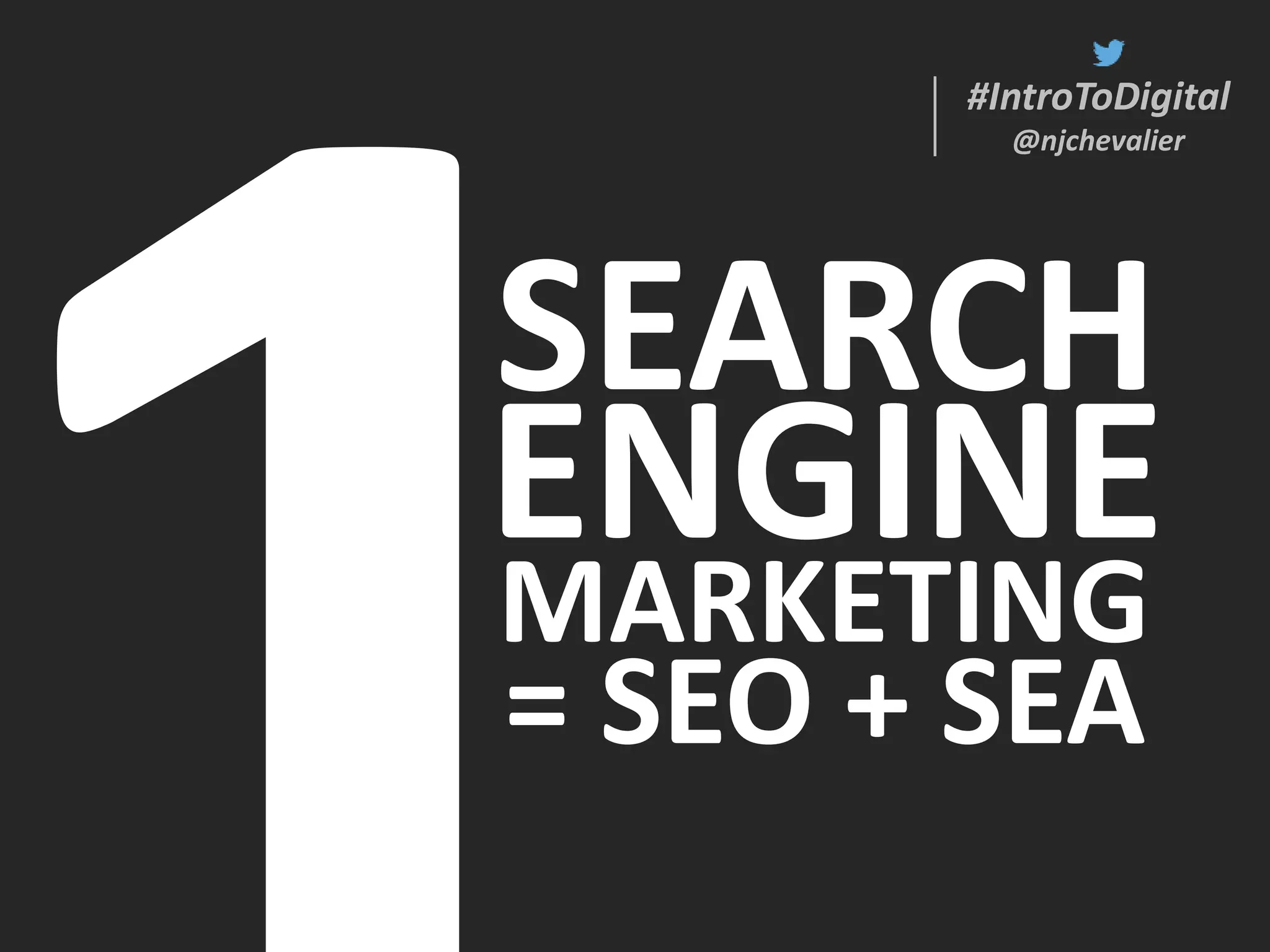 #IntroToDigital
@njchevalier
#IntroToDigital
@njchevalier
SEARCH
MARKETING
= SEO + SEA
ENGINE
 