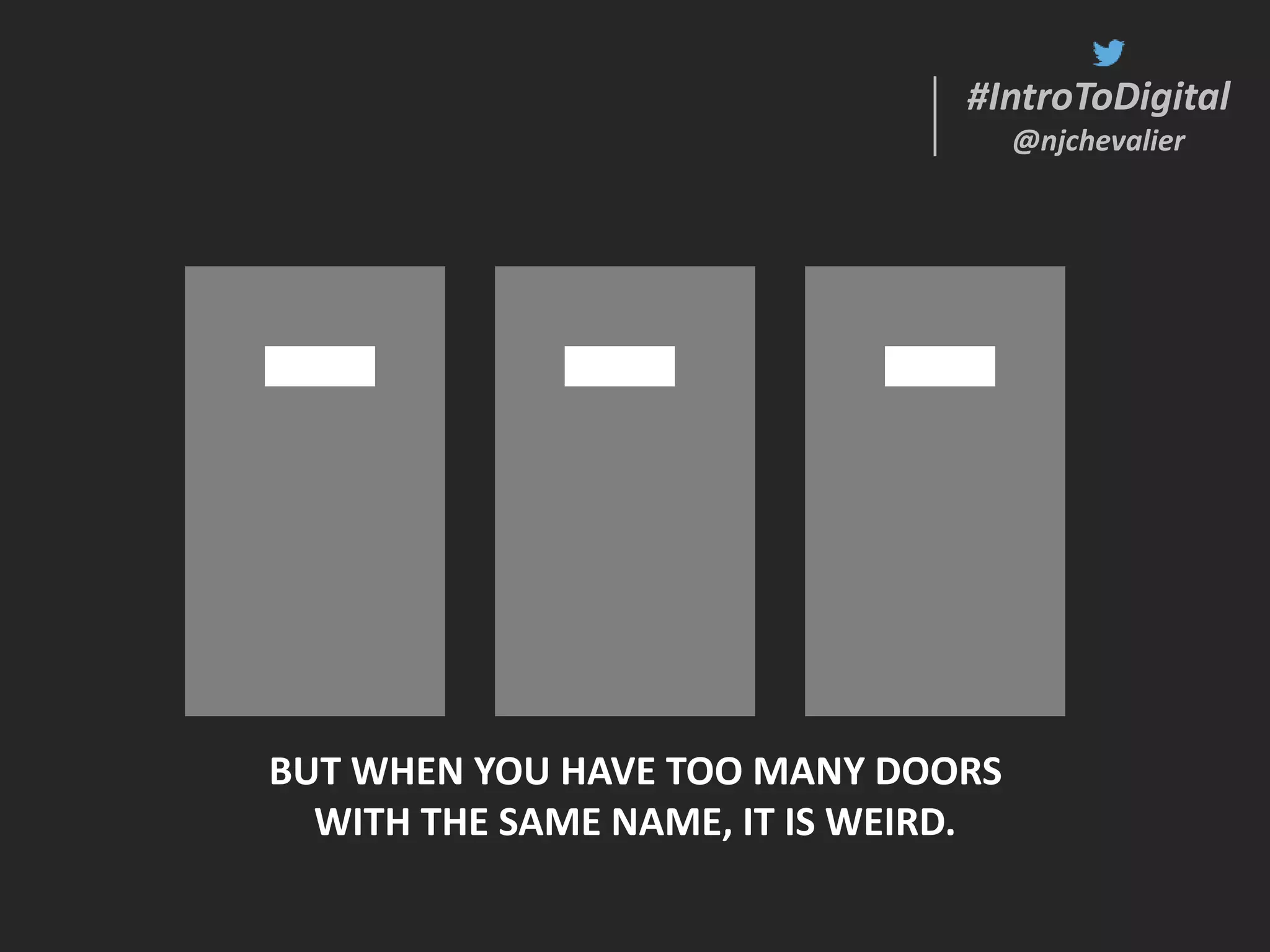 #IntroToDigital
@njchevalier
#IntroToDigital
@njchevalier
BUT WHEN YOU HAVE TOO MANY DOORS
WITH THE SAME NAME, IT IS WEIRD.
 
