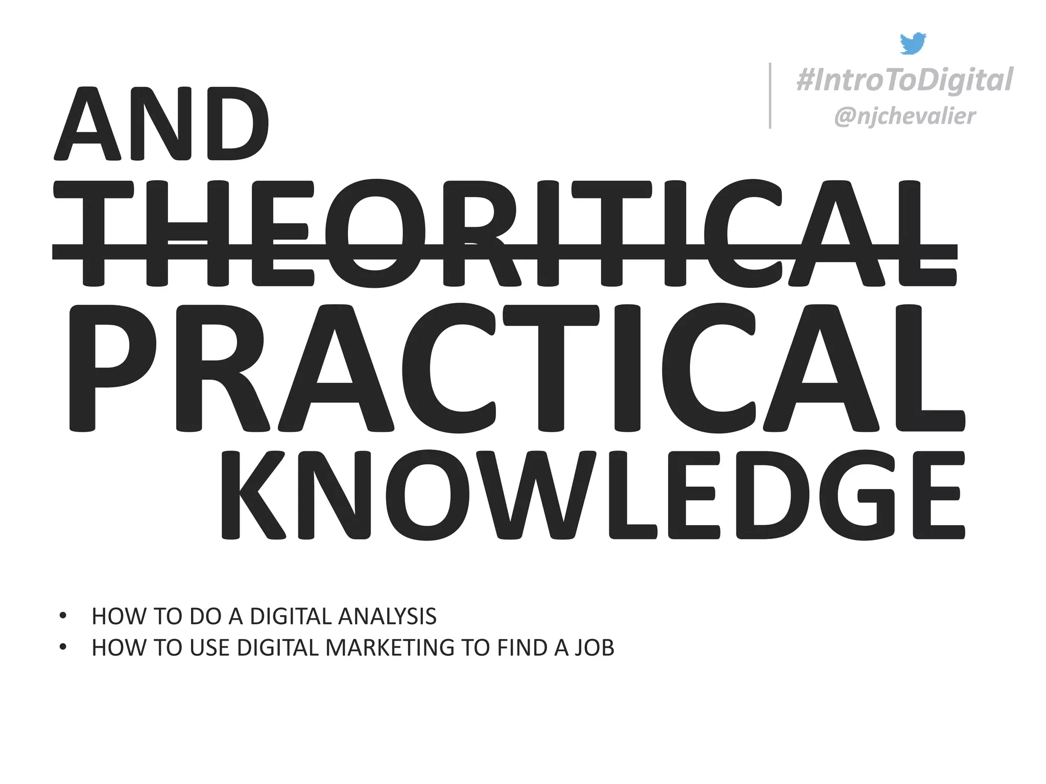 #IntroToDigital
@njchevalier
AND
#IntroToDigital
@njchevalier
• HOW TO DO A DIGITAL ANALYSIS
• HOW TO USE DIGITAL MARKETING TO FIND A JOB
THEORITICAL
PRACTICAL
KNOWLEDGE
 