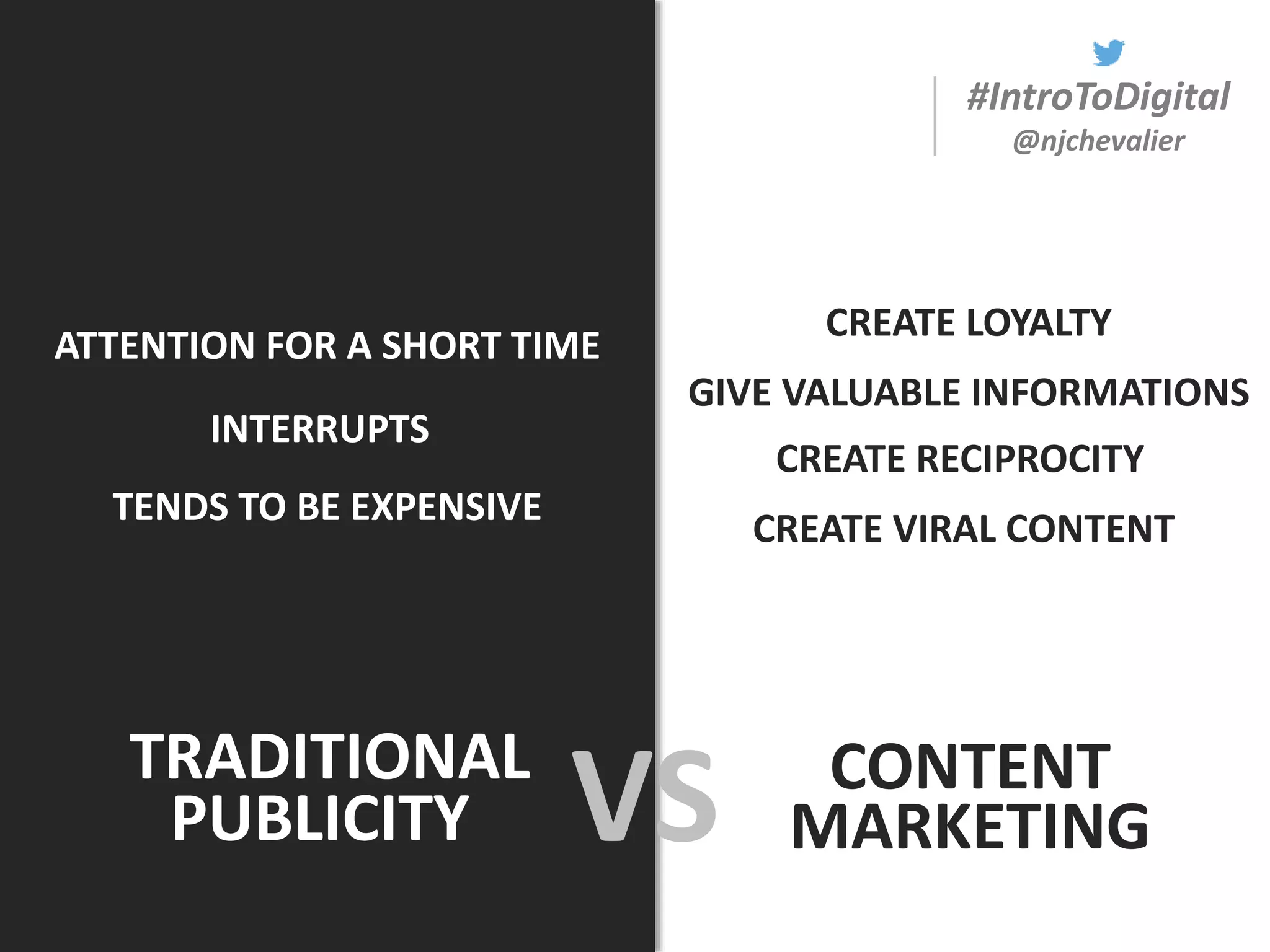 #IntroToDigital
@njchevalier
TRADITIONAL
VS CONTENT
MARKETING
ATTENTION FOR A SHORT TIME
INTERRUPTS
TENDS TO BE EXPENSIVE
GIVE VALUABLE INFORMATIONS
CREATE LOYALTY
CREATE VIRAL CONTENT
PUBLICITY
CREATE RECIPROCITY
 