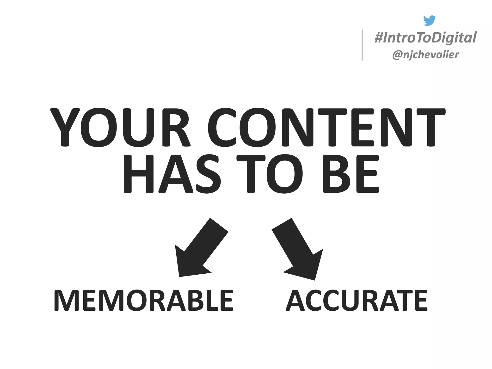 #IntroToDigital
@njchevalier
YOUR CONTENT
HAS TO BE
MEMORABLE ACCURATE
 