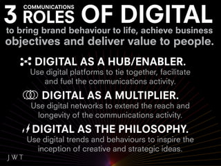 DIGITAL AS A MULTIPLIER.
Use digital networks to iterate and extend the
    reach and longevity of brand activity.
 
