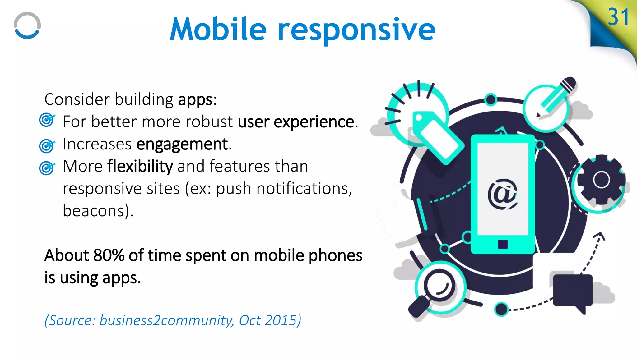 Mobile responsive 31
Consider building apps:
• For better more robust user experience.
• Increases engagement.
• More flexibility and features than
responsive sites (ex: push notifications,
beacons).
About 80% of time spent on mobile phones
is using apps.
(Source: business2community, Oct 2015)
 