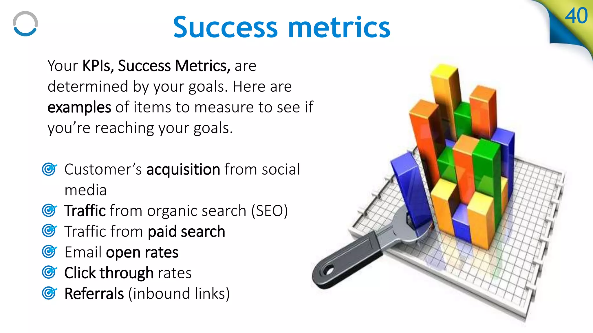 Success metrics
Your KPIs, Success Metrics, are
determined by your goals. Here are
examples of items to measure to see if
you’re reaching your goals.
• Customer’s acquisition from social
media
• Traffic from organic search (SEO)
• Traffic from paid search
• Email open rates
• Click through rates
• Referrals (inbound links)
40
 