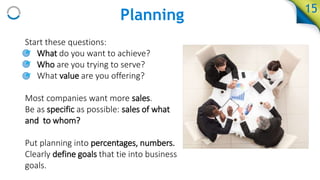 Planning
Start these questions:
• What do you want to achieve?
• Who are you trying to serve?
• What value are you offering?
Most companies want more sales.
Be as specific as possible: sales of what
and to whom?
Put planning into percentages, numbers.
Clearly define goals that tie into business
goals.
15
 