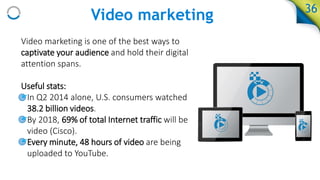Video marketing 36
Video marketing is one of the best ways to
captivate your audience and hold their digital
attention spans.
Useful stats:
• In Q2 2014 alone, U.S. consumers watched
38.2 billion videos.
• By 2018, 69% of total Internet traffic will be
video (Cisco).
• Every minute, 48 hours of video are being
uploaded to YouTube.
 