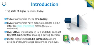 Introduction 5
That state of digital behavior today:
• 91% of consumers check emails daily.
• 66% of consumers have made a purchase online
after an email marketing message. (source:
Brandmuscle).
• Over 70% of individuals, in B2B and B2C, conduct
research online before making a buying decision.
• Digital marketing spend is increasing as more
actions and business happens online than ever.
 