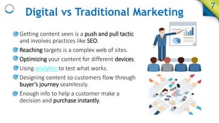 Digital vs Traditional Marketing
• Getting content seen is a push and pull tactic
and involves practices like SEO.
• Reaching targets is a complex web of sites.
• Optimizing your content for different devices.
• Using analytics to test what works.
• Designing content so customers flow through
buyer’s journey seamlessly.
• Enough info to help a customer make a
decision and purchase instantly.
7
 